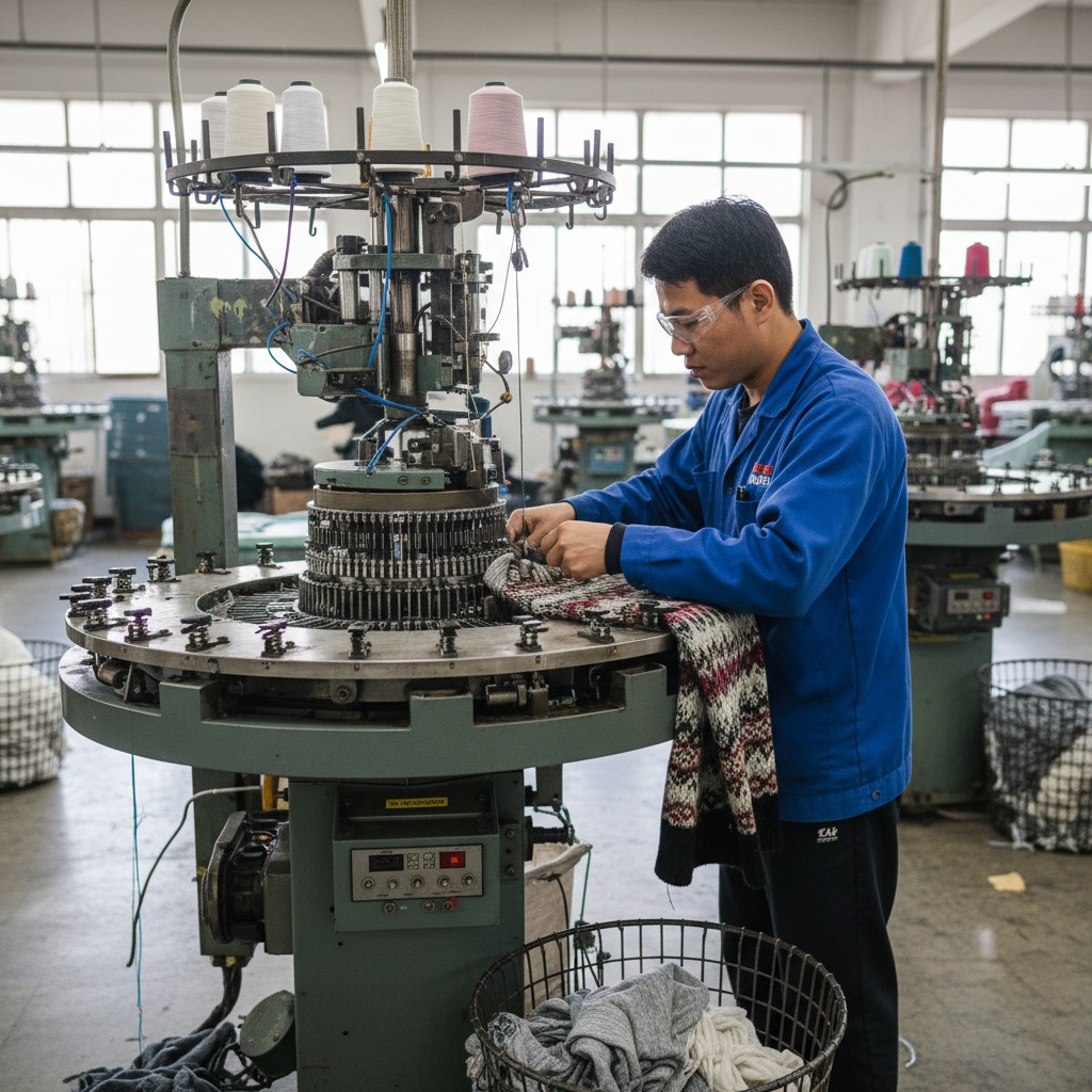 A man in a blue work uniform operates a textile knitting machine in a factory.
